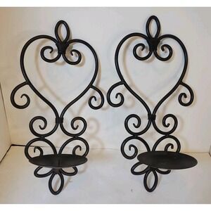 Pair 2 Bronze Colored Wrought Iron Scroll Pillar Candle Holder Wall Sconces